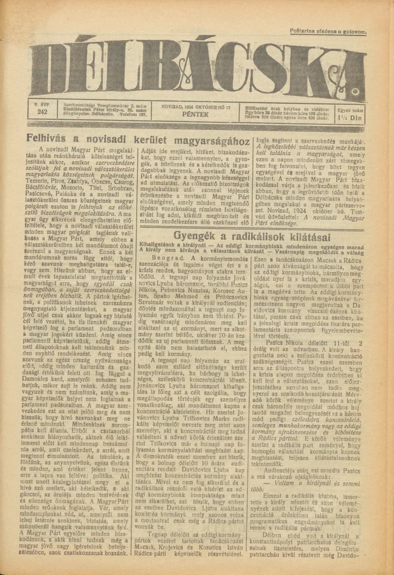 Délbácska, 5. évf. 1924. október 17. 242. sz.