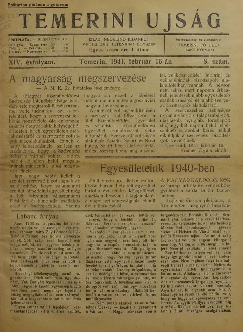 Temerini Újság 1928-1944, 14. évf. 1941. február 16. 8. sz.