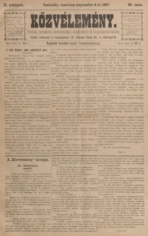 Közvélemény, 2. évf. 1887. szeptember 4. 36. sz.