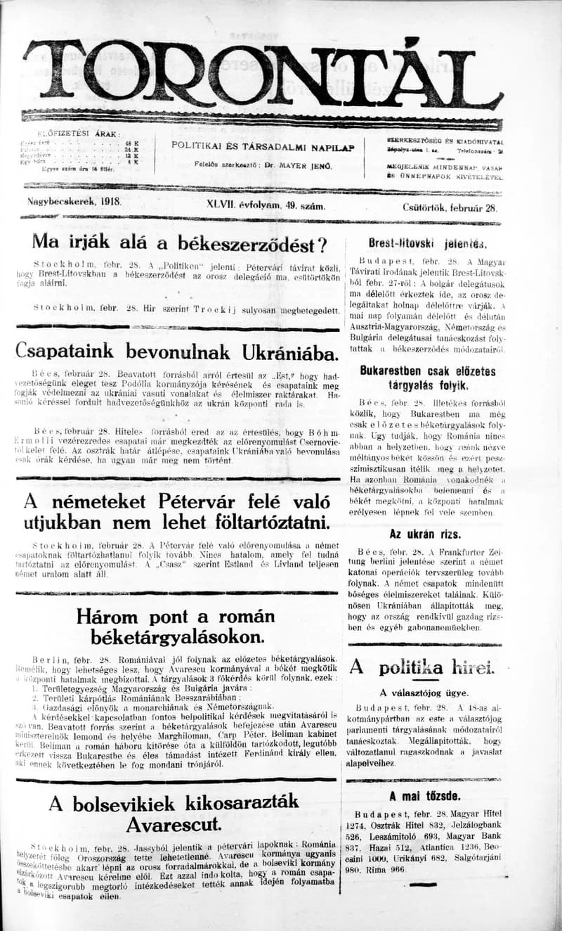 Torontál, 47. évf. 1918. február 28. 49. sz.