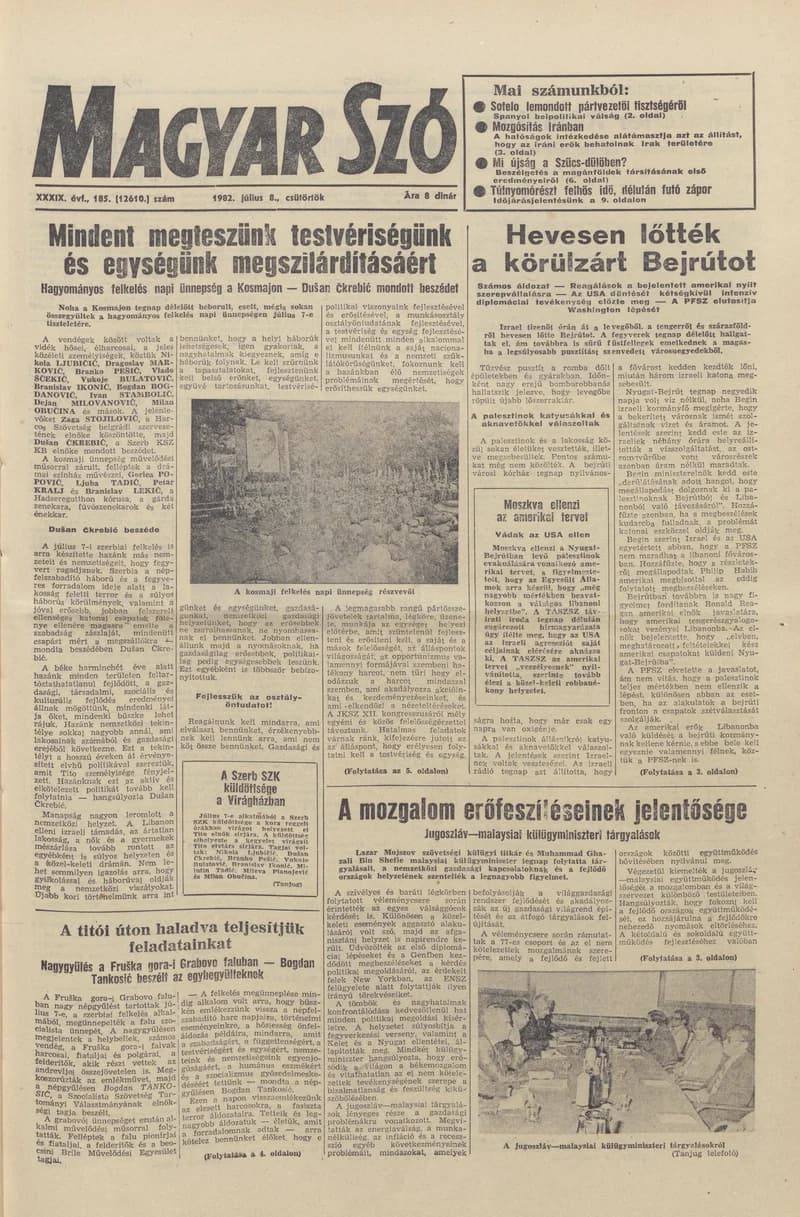 Magyar Szó, 39. évf. 1982. július 8. 185. sz. 1–20. oldal