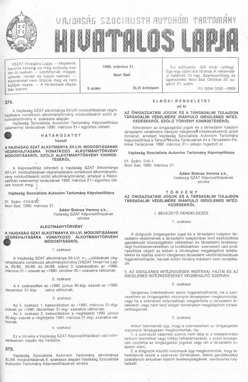 Vajdaság Szocialista Autonóm Tartomány Hivatalos Lapja, 46. évf. 1990. március 31. 9. sz.