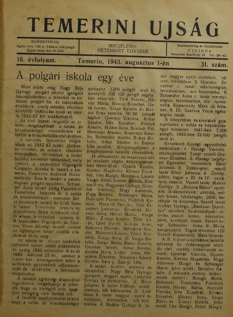 Temerini Újság 1928-1944, 16. évf. 1943. augusztus 1. 31. sz.