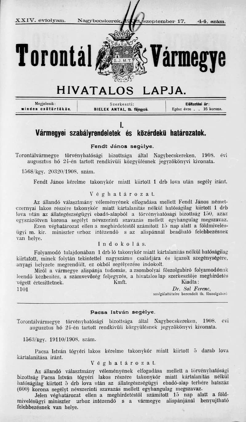 Torontál Vármegye Hivatalos Lapja, 24. évf. 1908. szeptember 17. 44. sz.