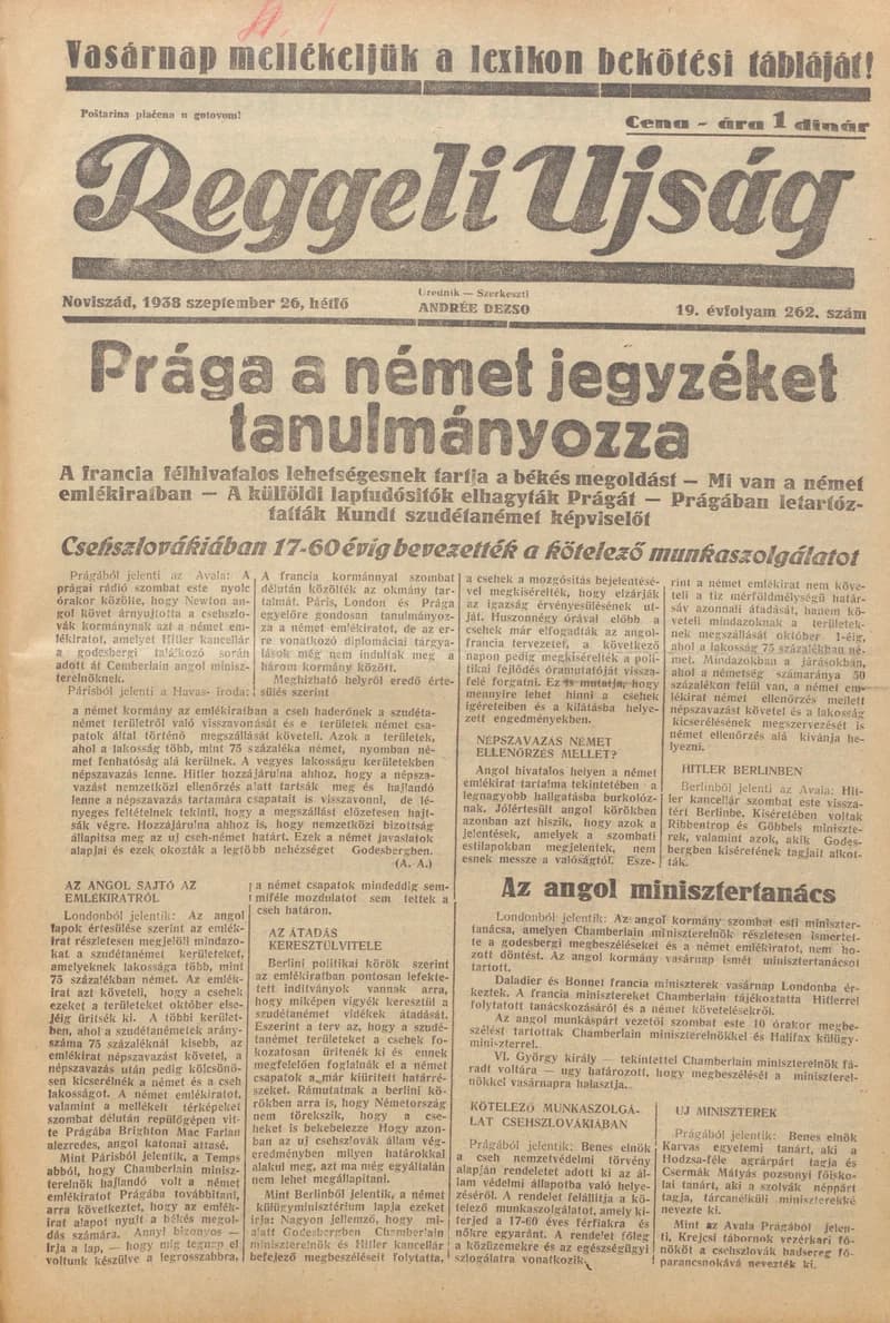 Reggeli Újság, 19. évf. 1938. szeptember 26. 262. sz.