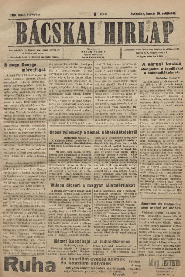 Bácskai Hirlap, 22. évf. 1918. január 10. 8. sz.