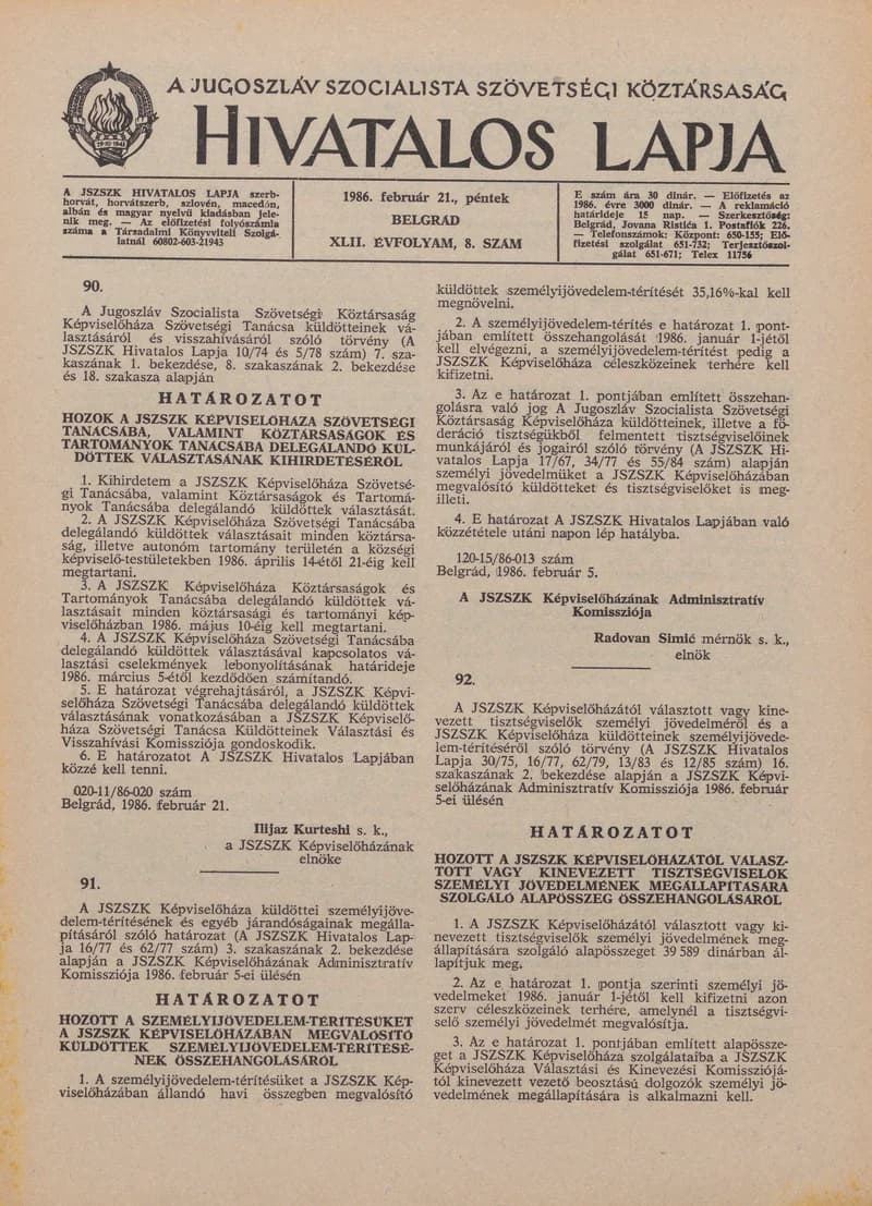 A Jugoszláv Szocialista Szövetségi Köztársaság Hivatalos Lapja, 42. évf. 1986. február 21. 8. sz. 185–200. oldal