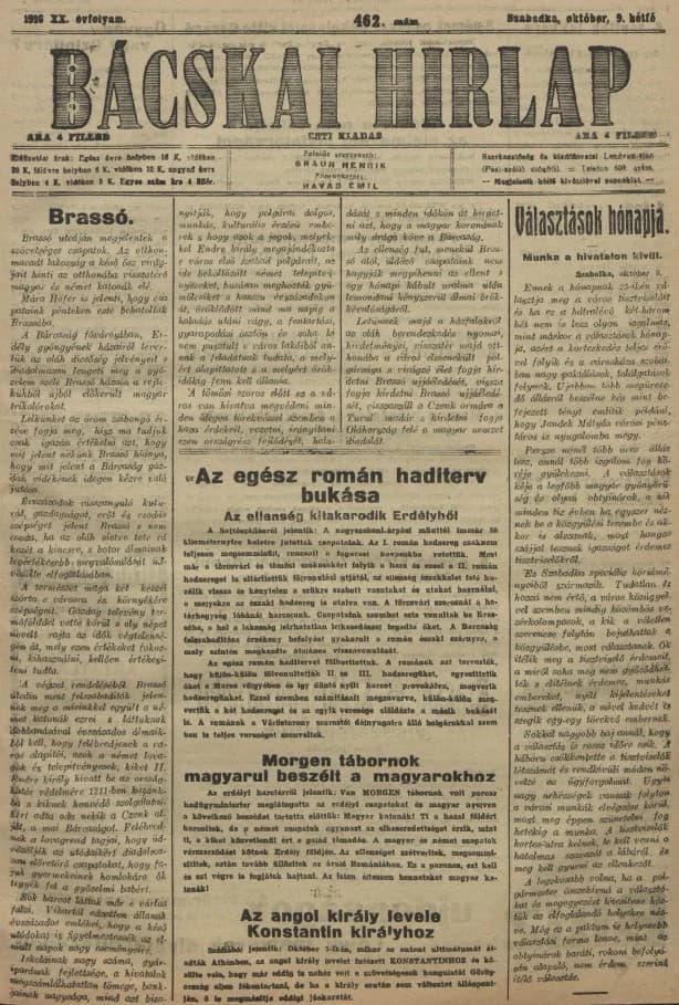 Bácskai Hirlap, 20. évf. 1916. október 9. 462. sz.