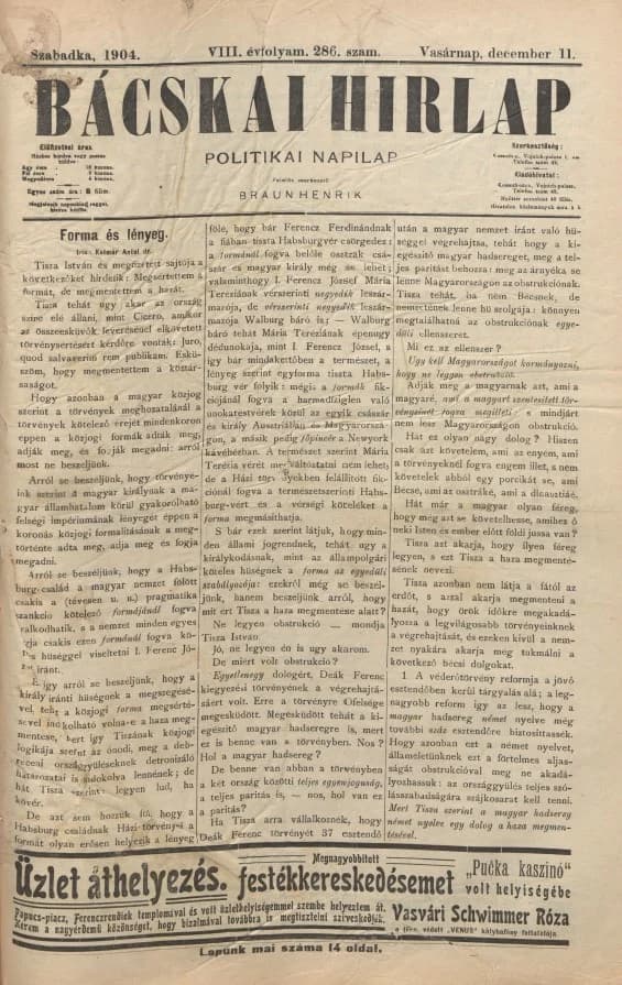 Bácskai Hirlap, 8. évf. 1904. december 11. 286. sz.