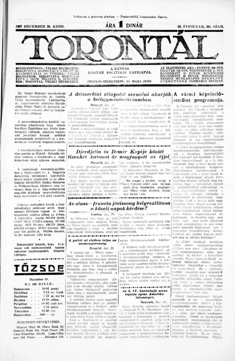 Torontál, 56. évf. 1927. december 20. 291. sz.