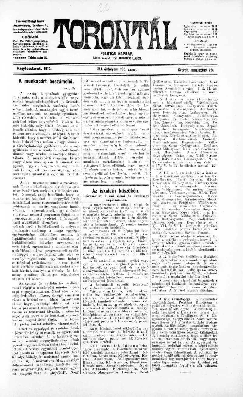Torontál, 41. évf. 1912. augusztus 28. 195. sz.