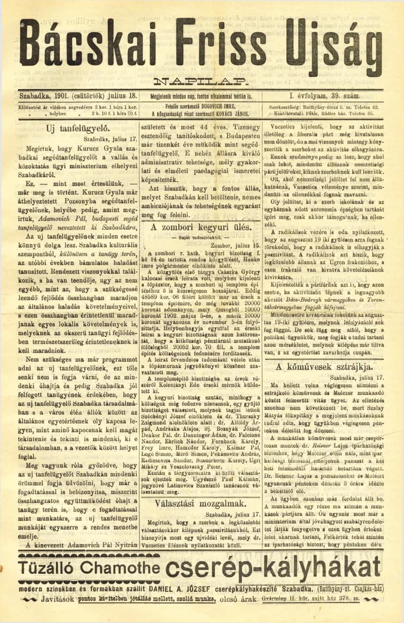 Bácskai Friss Ujság, 1. évf. 1901. július 18. 39. sz.