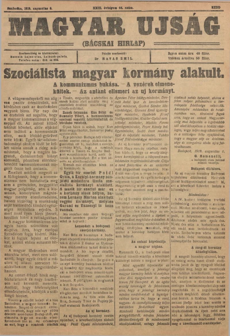 Bácskai Hirlap, 23. évf. 1919. augusztus 5. 44. sz.