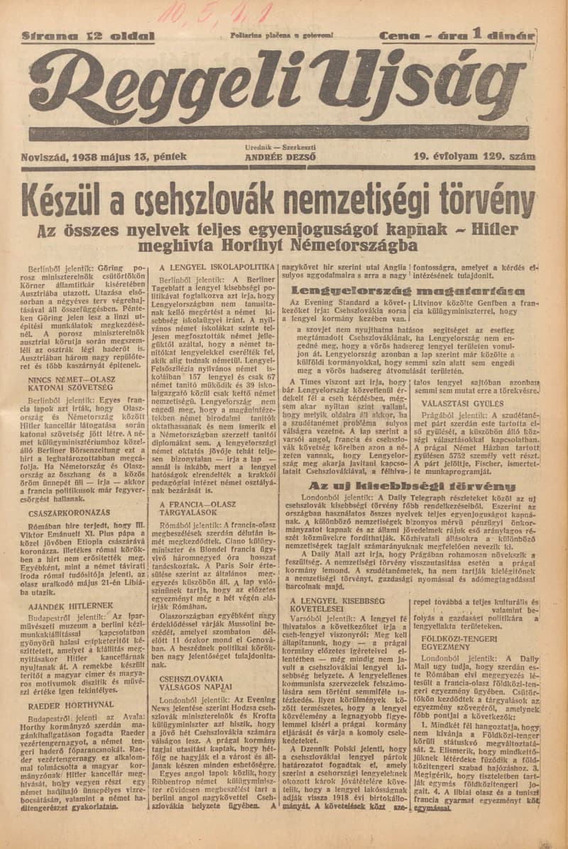 Reggeli Újság, 19. évf. 1938. május 13. 129. sz.