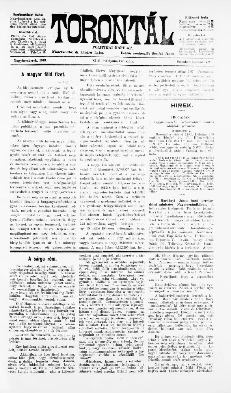 Torontál, 42. évf. 1913. augusztus 2. 177. sz.