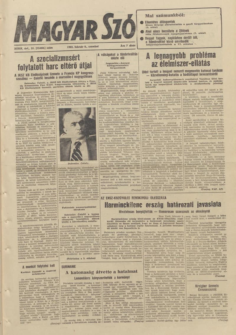 Magyar Szó, 39. évf. 1982. február 6. 35. sz. 1–20. oldal