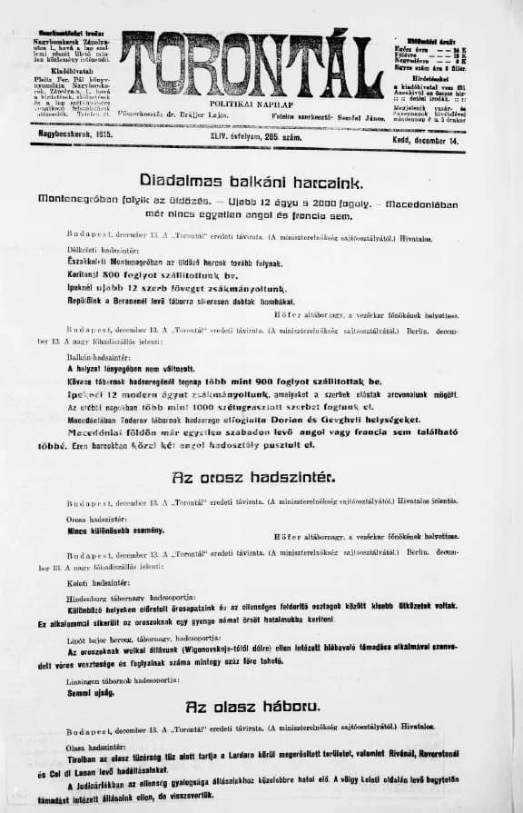 Torontál, 44. évf. 1915. december 14. 285. sz.