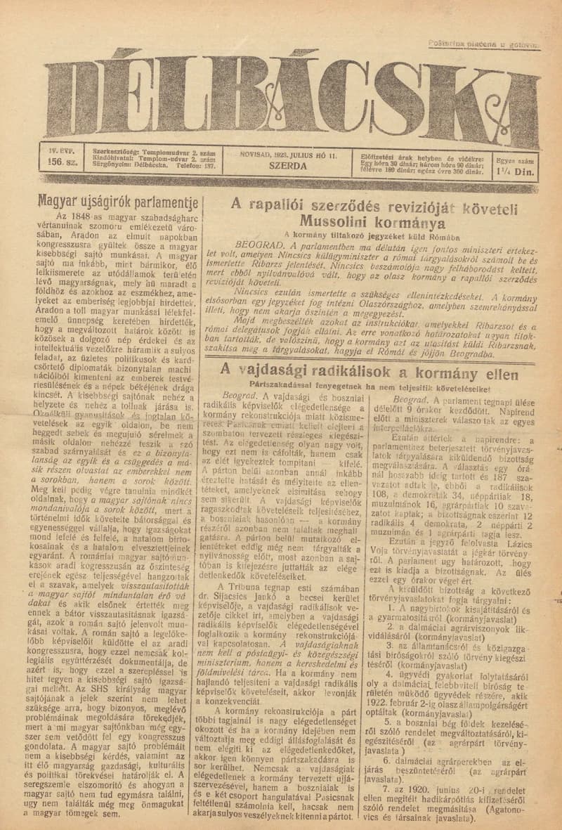 Délbácska, 4. évf. 1923. július 11. 156. sz.
