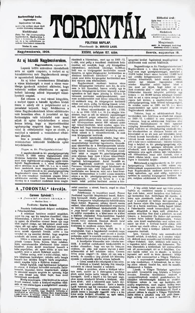 Torontál, 38. évf. 1909. augusztus 18. 187. sz.