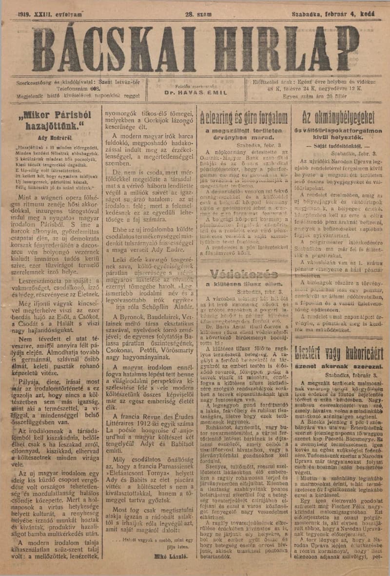 Bácskai Hirlap, 23. évf. 1919. február 4. 28. sz.