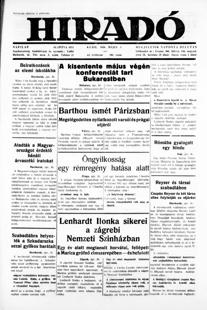 Híradó, 63. évf. 1934. május 1. 101. sz.