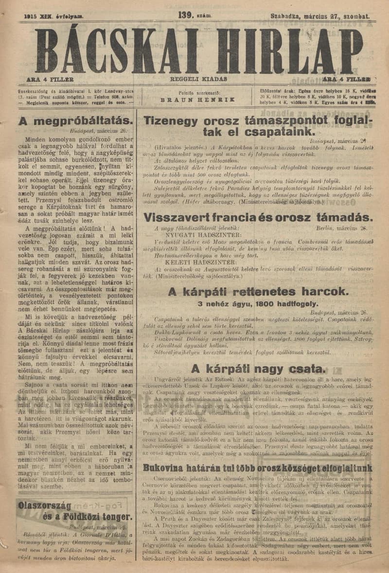Bácskai Hirlap, 19. évf. 1915. március 26. 139. sz.