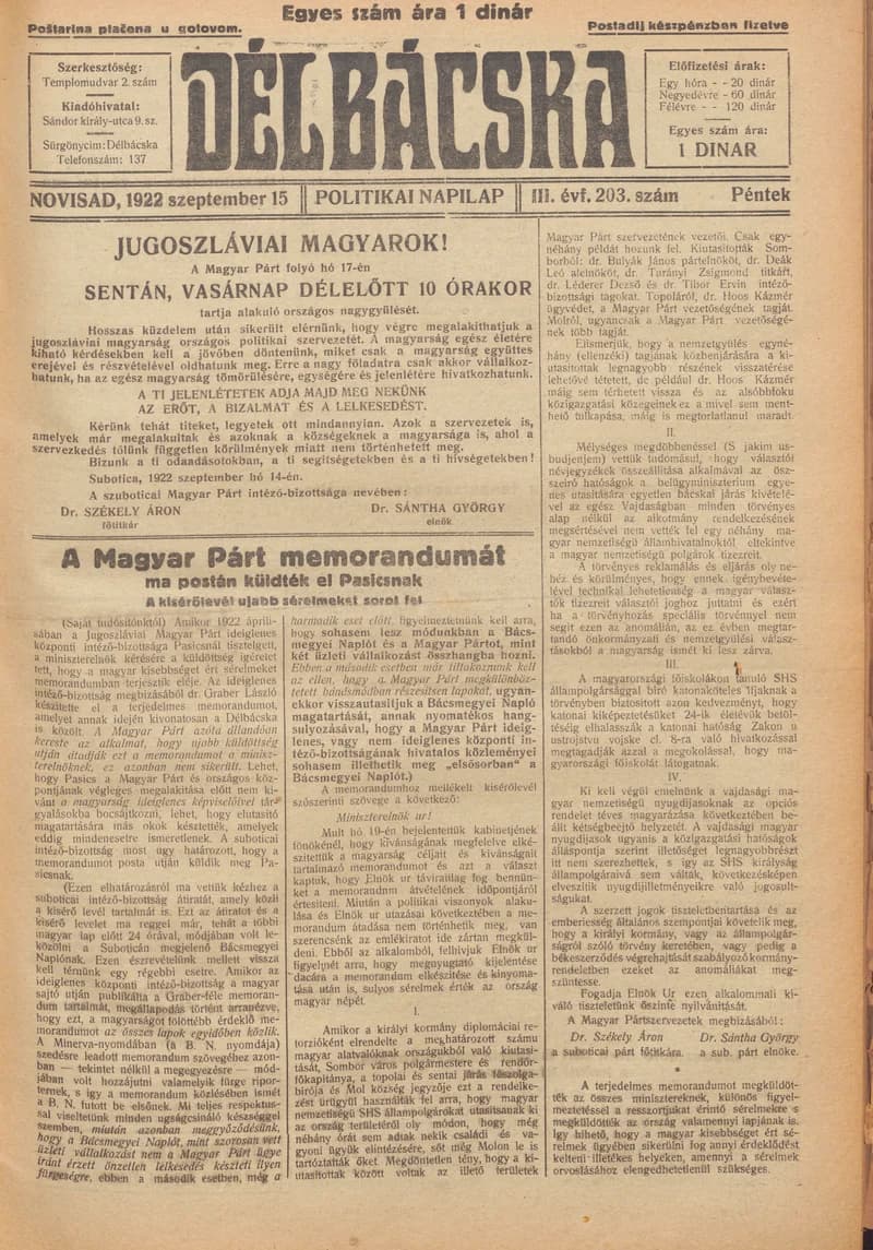 Délbácska, 3. évf. 1922. szeptember 15. 203. sz.