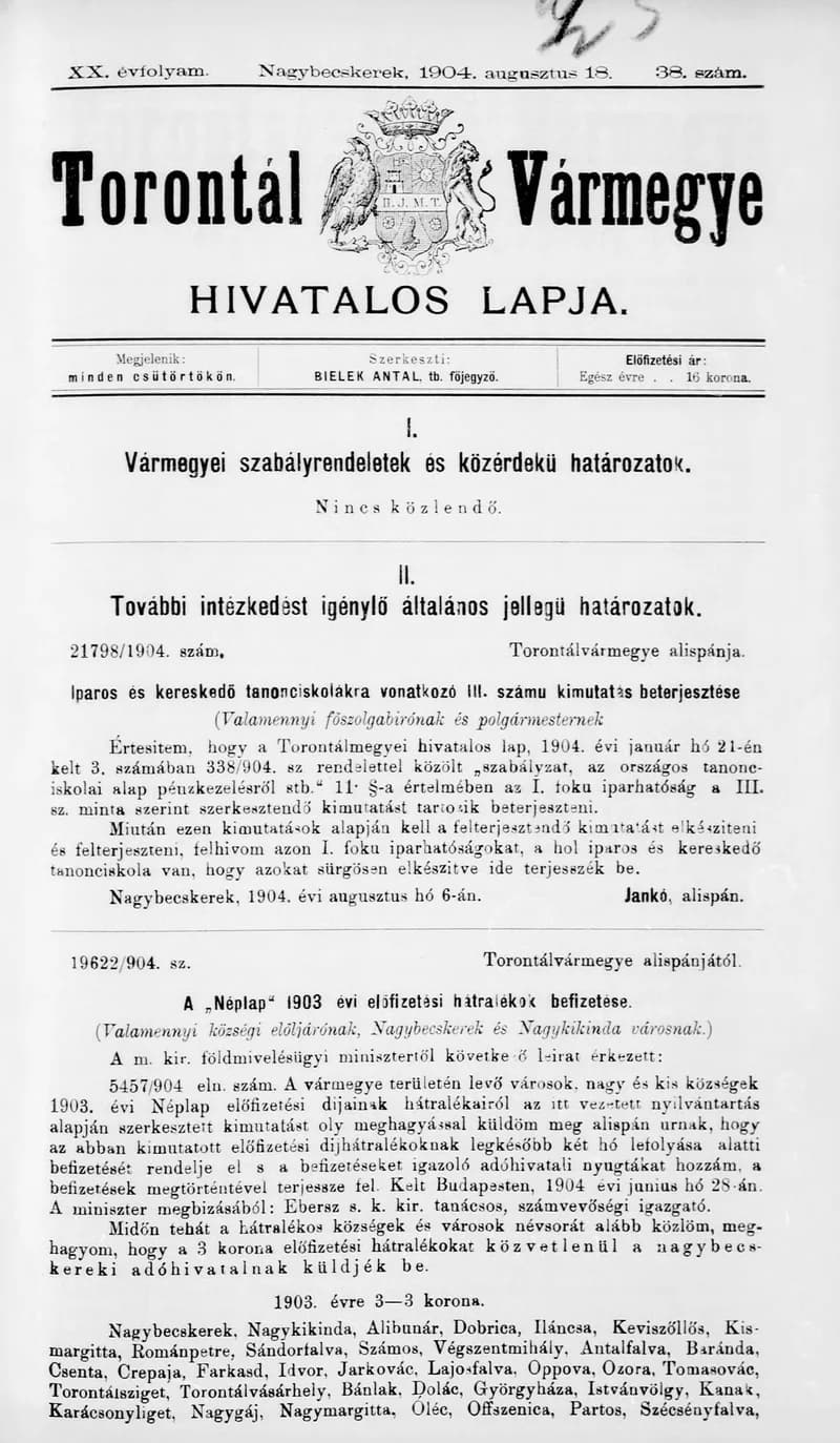 Torontál Vármegye Hivatalos Lapja, 20. évf. 1904. augusztus 18. 38. sz.
