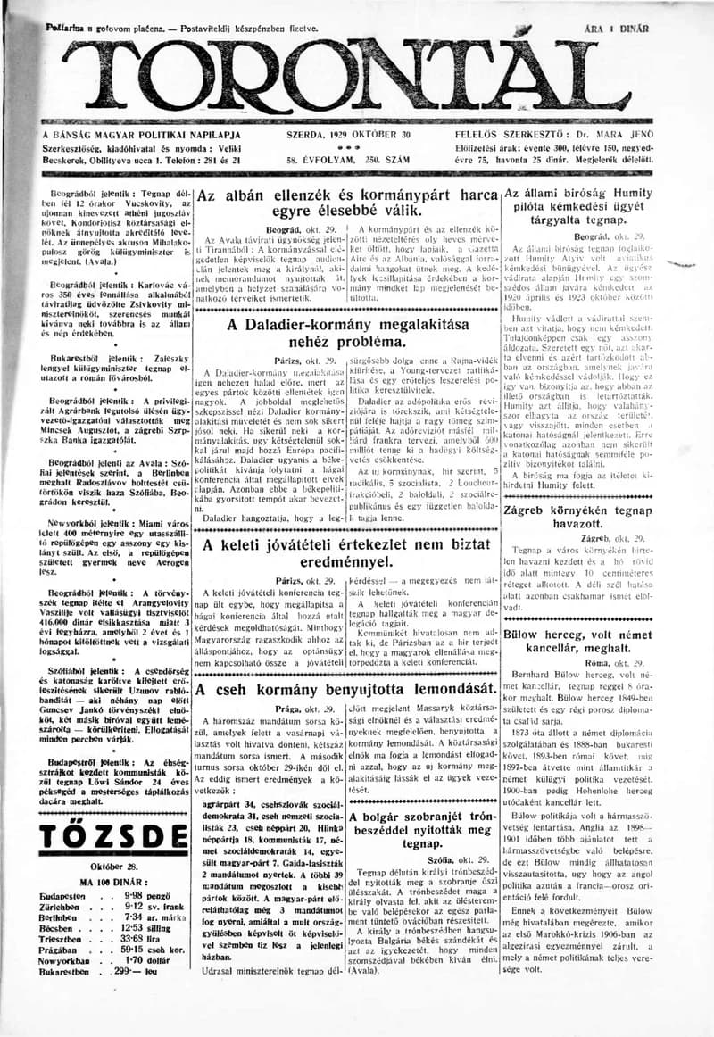 Torontál, 58. évf. 1929. október 30. 250. sz.