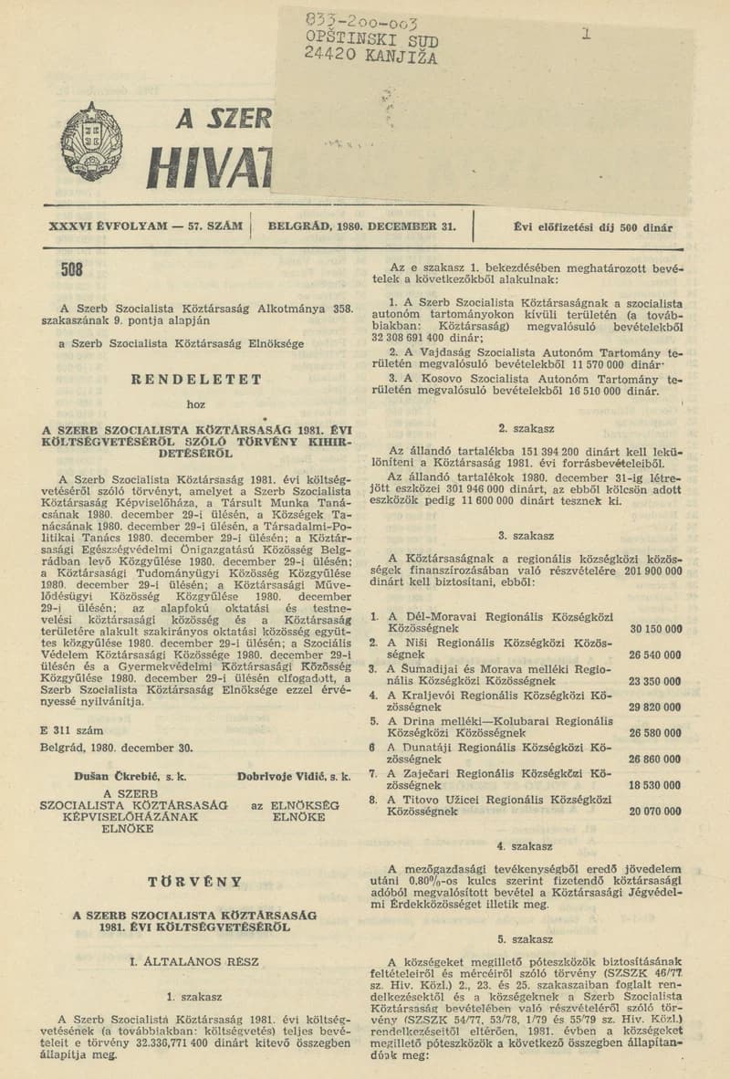 A Szerb Szocialista Köztársaság Hivatalos Közlönye, 36. évf. 1980. december 31. 57. sz.