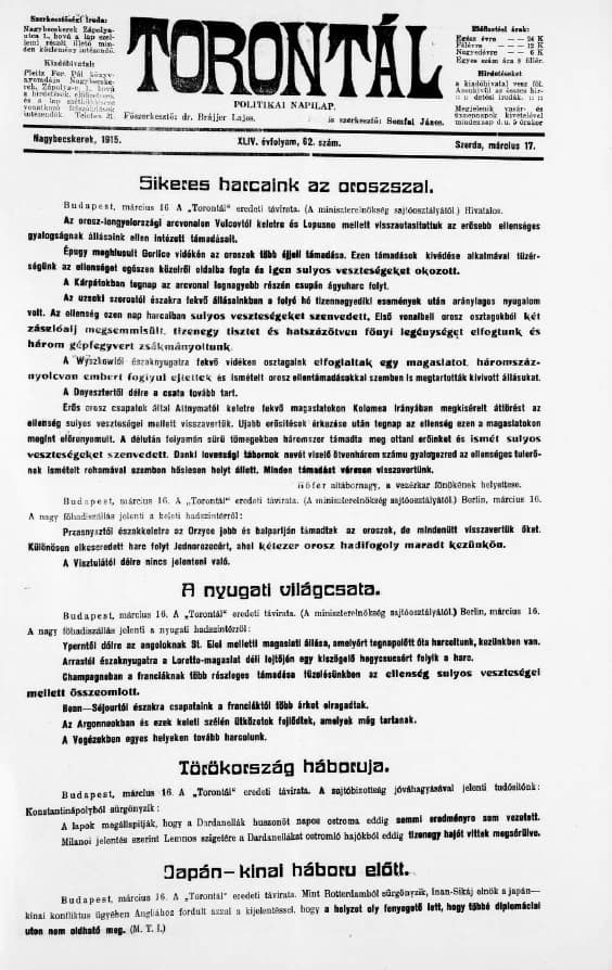 Torontál, 44. évf. 1915. március 17. 62. sz.