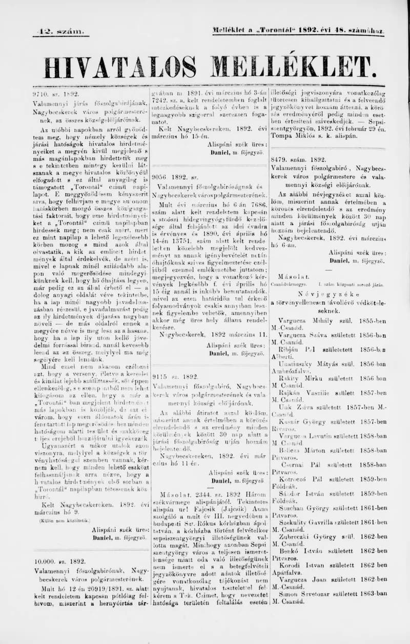 A Totontál  hivatalos melléklete, 5. évf. 1892. március 22. 42. sz.