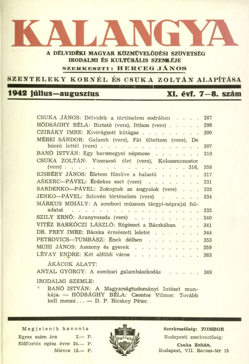 Kalangya, 11. évf. 1942. július – augusztus. 7–8. sz. 287–382. oldal