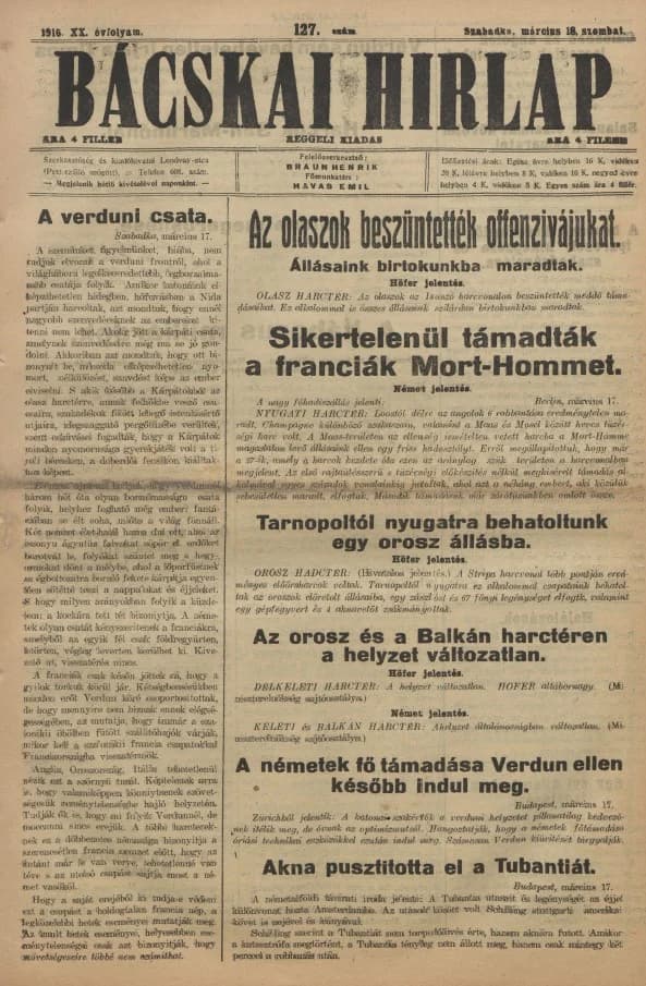 Bácskai Hirlap, 20. évf. 1916. március 18. 127. sz.