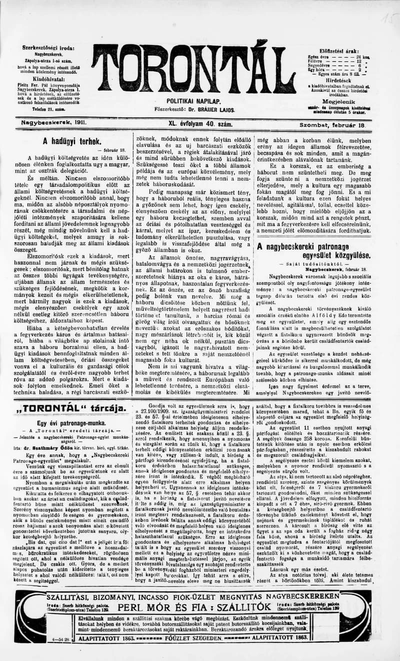 Torontál, 40. évf. 1911. február 18. 40. sz.