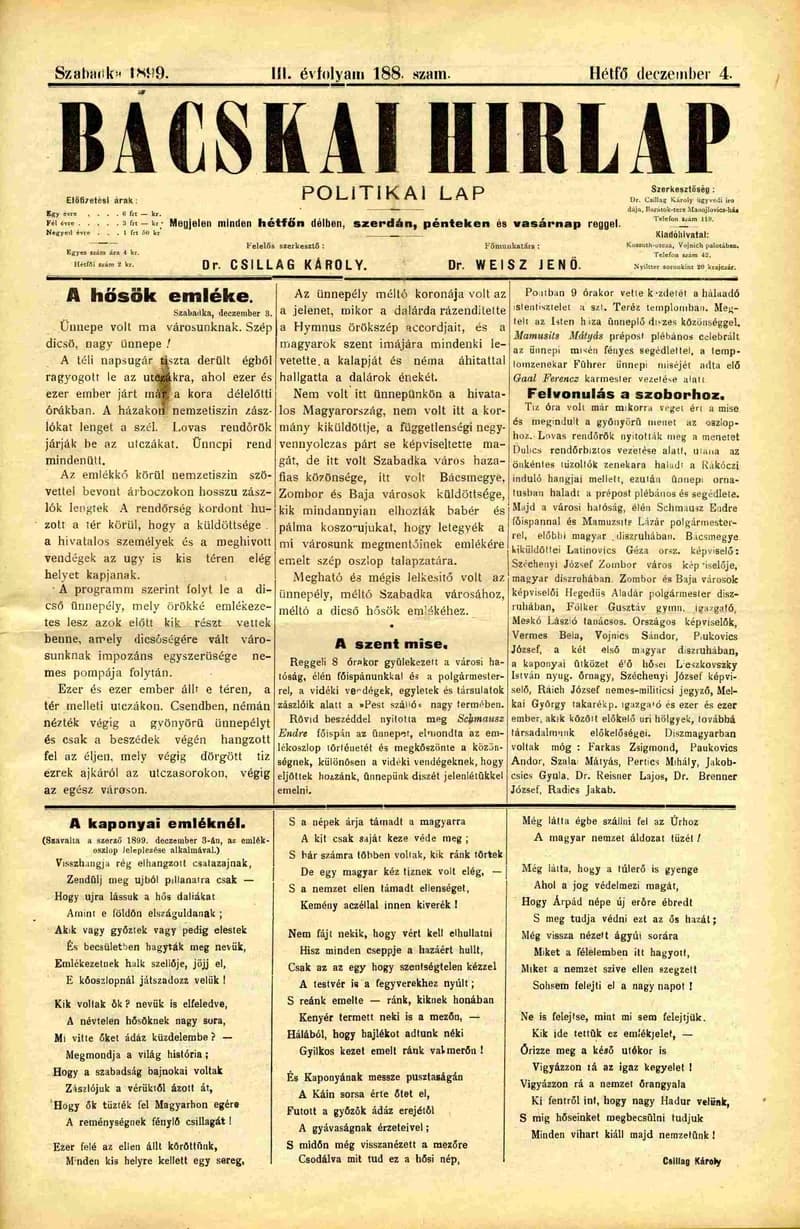 Bácskai Hirlap, 3. évf. 1899. december 4. 188. sz.