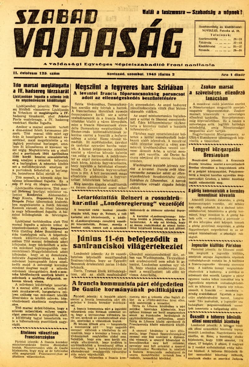 Szabad Vajdaság, 2. évf. 1945. június 2. 123. sz.