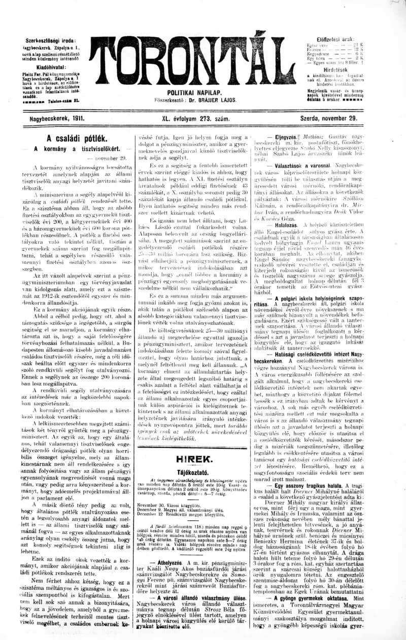 Torontál, 40. évf. 1911. november 29. 273. sz.