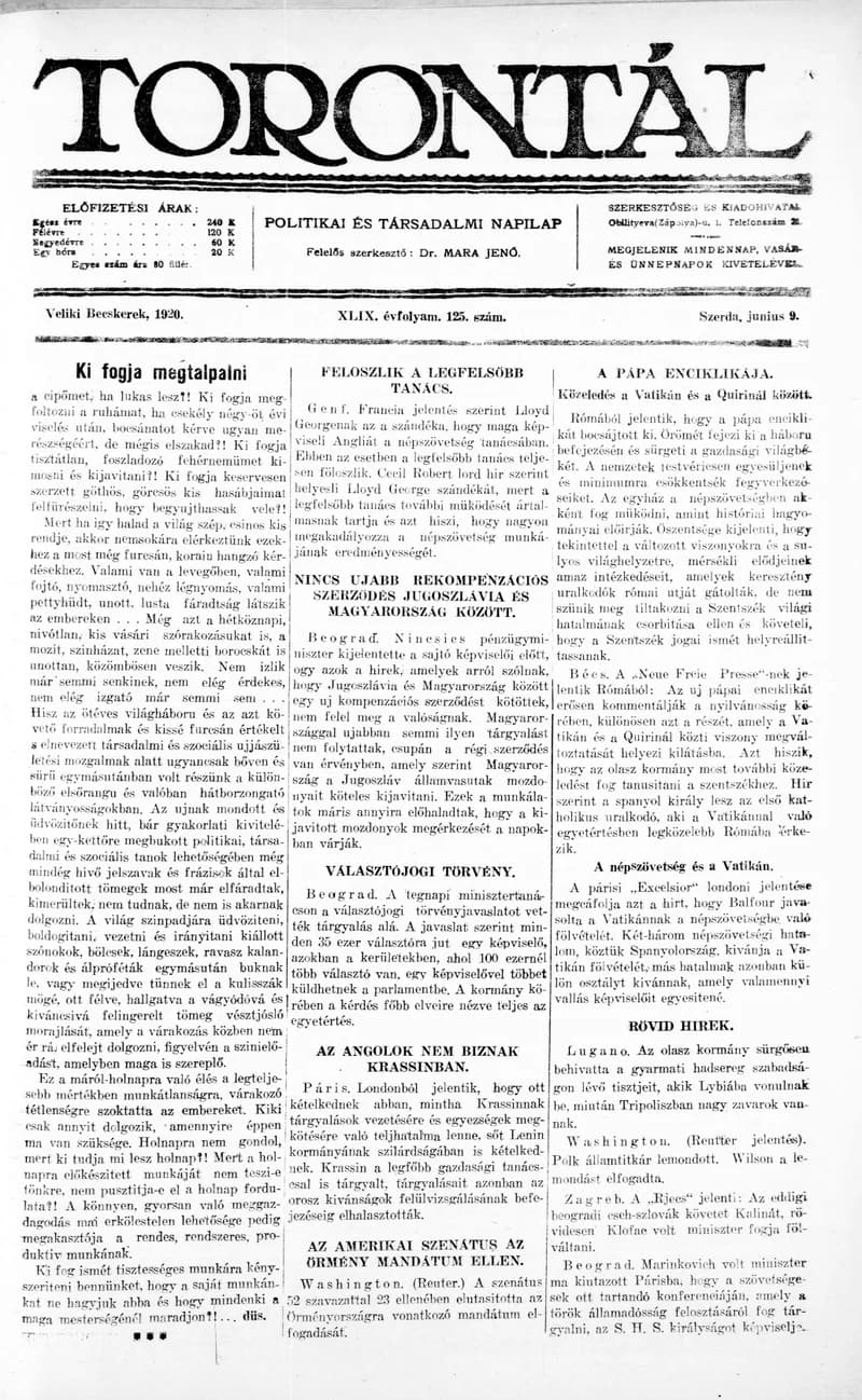 Torontál, 49. évf. 1920. június 9. 125. sz.