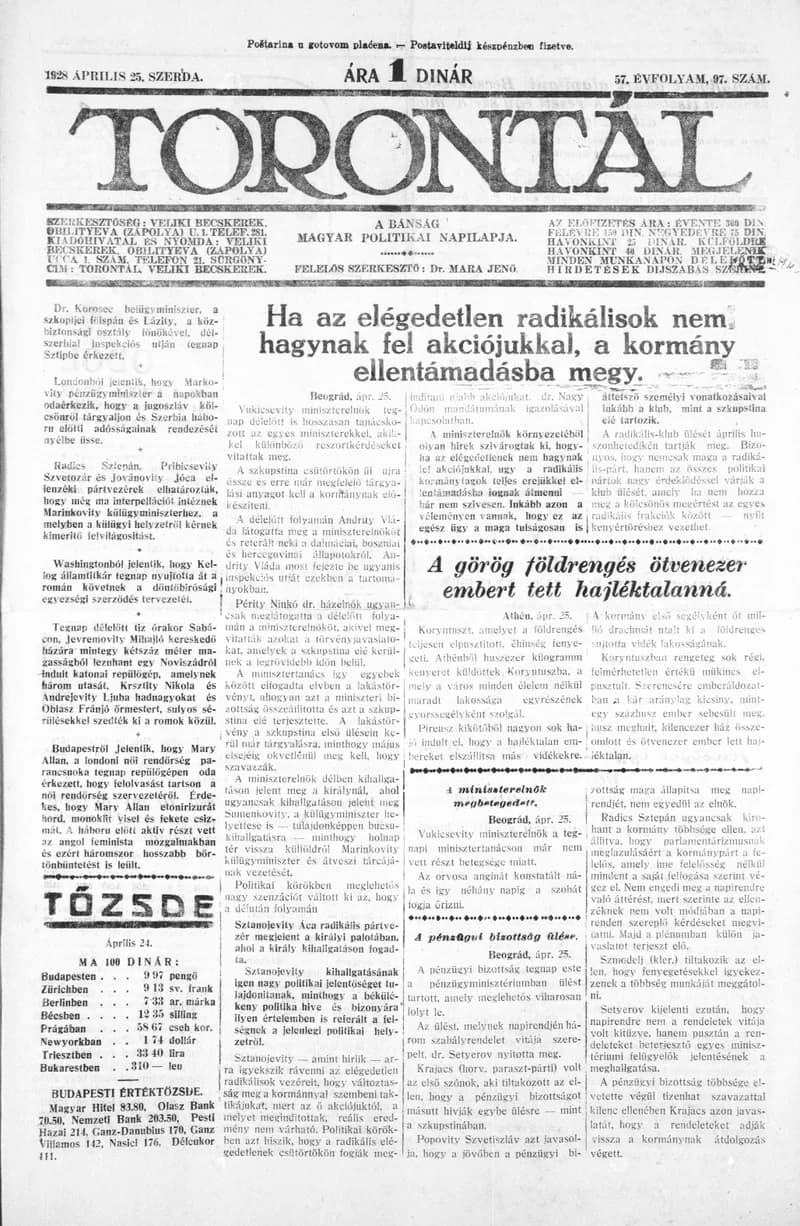 Torontál, 57. évf. 1928. április 25. 97. sz.