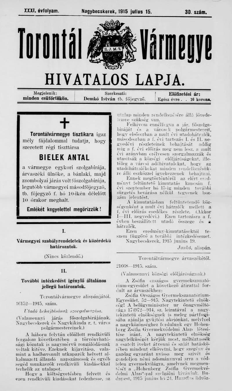 Torontál Vármegye Hivatalos Lapja, 31. évf. 1915. július 15. 30. sz.