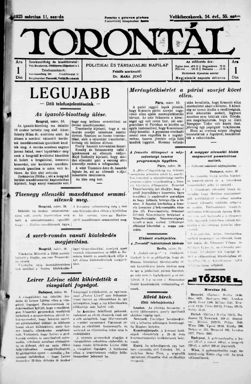 Torontál, 54. évf. 1925. március 11. 55. sz.