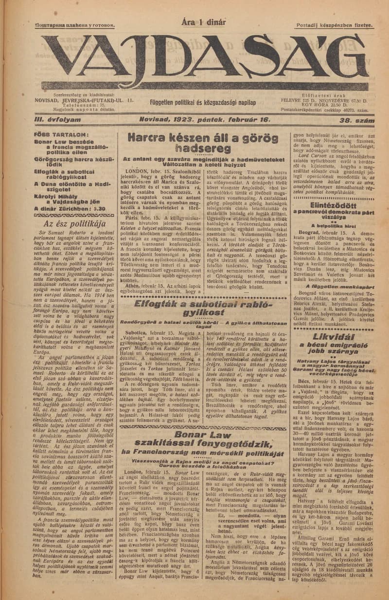 Vajdaság, 3. évf. 1923. február 16. 38. sz.