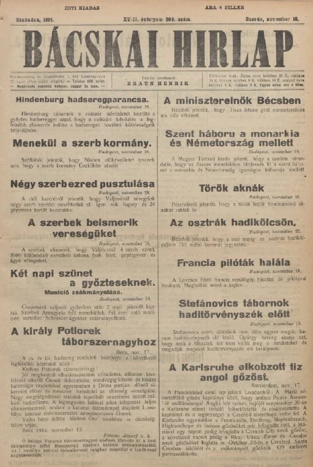 Bácskai Hirlap, 18. évf. 1914. november 18. 305. sz.