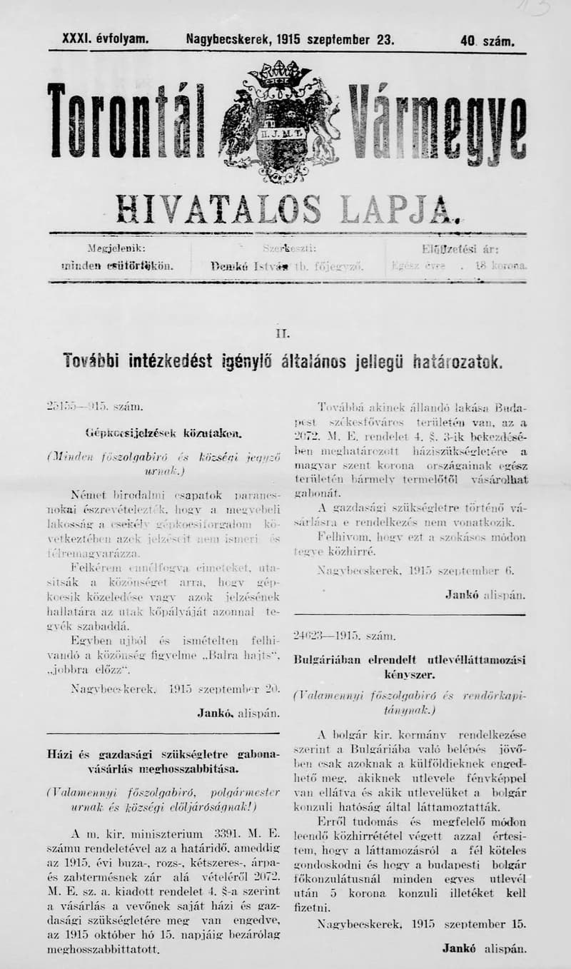 Torontál Vármegye Hivatalos Lapja, 31. évf. 1915. szeptember 23. 40. sz.