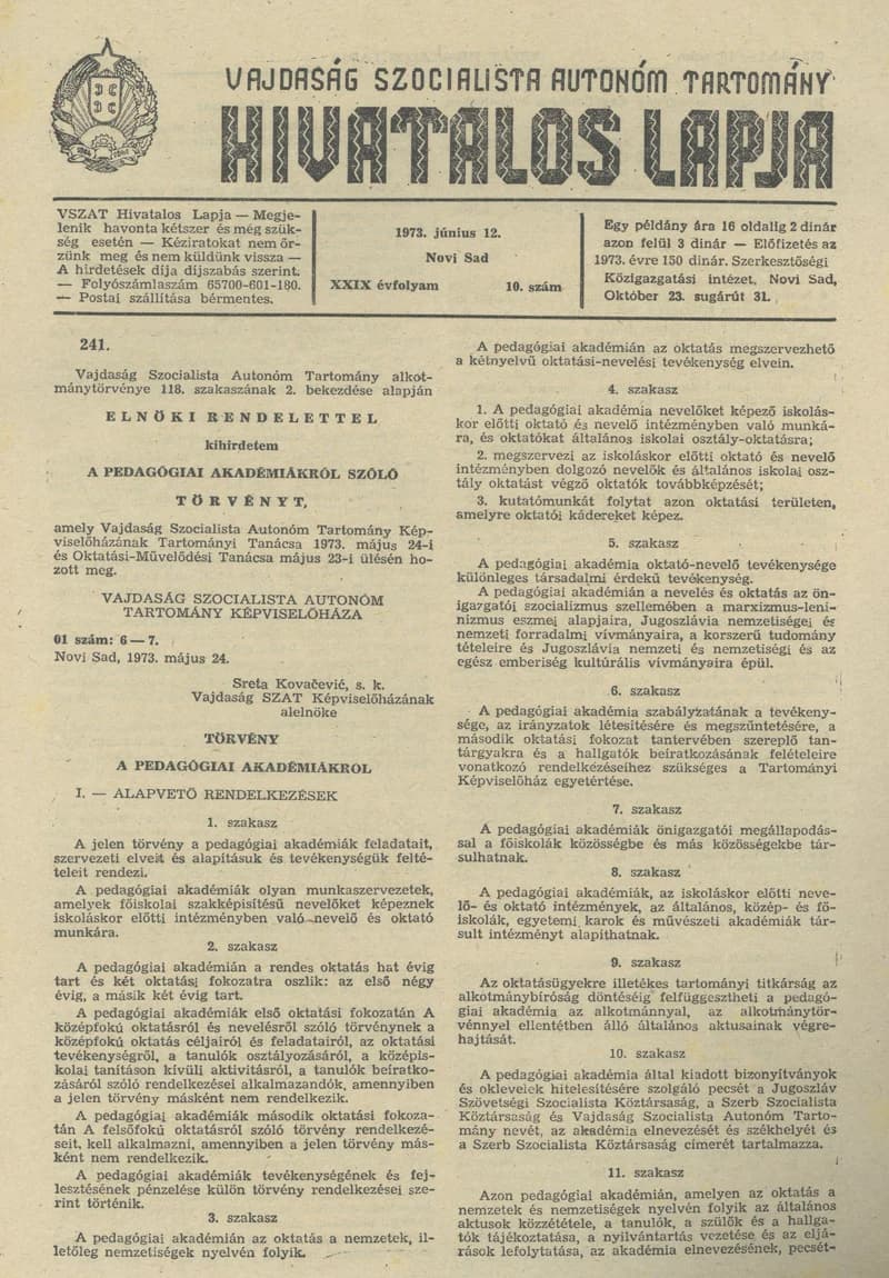 Vajdaság Szocialista Autonóm Tartomány Hivatalos Lapja, 29. évf. 1973. június 12. 10. sz. 269–272. oldal