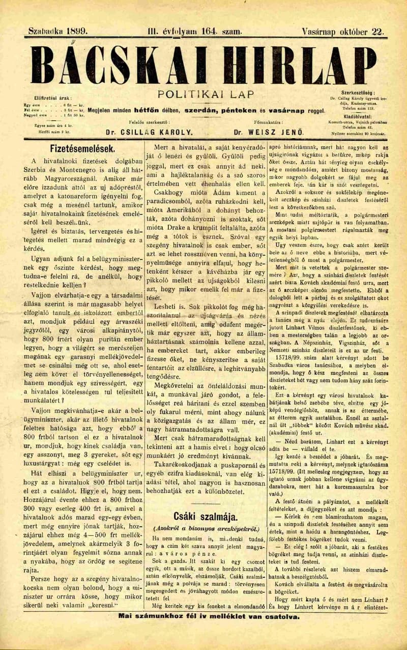 Bácskai Hirlap, 3. évf. 1899. október 22. 164. sz.
