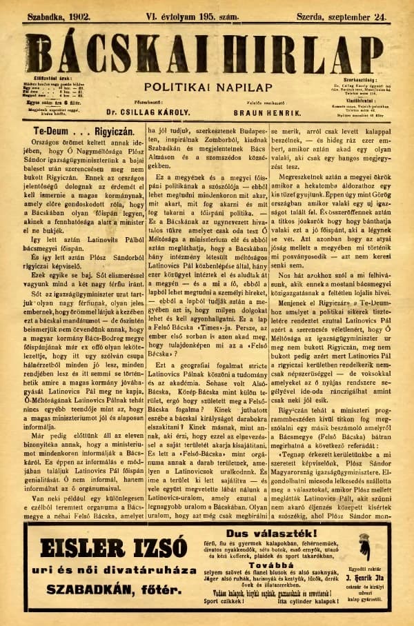 Bácskai Hirlap, 6. évf. 1902. szeptember 24. 195. sz.