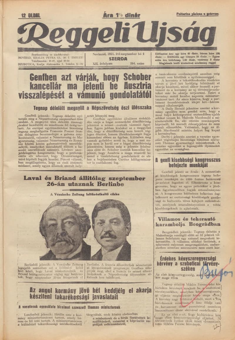 Reggeli Újság, 12. évf. 1931. szeptember 2. 204. sz.