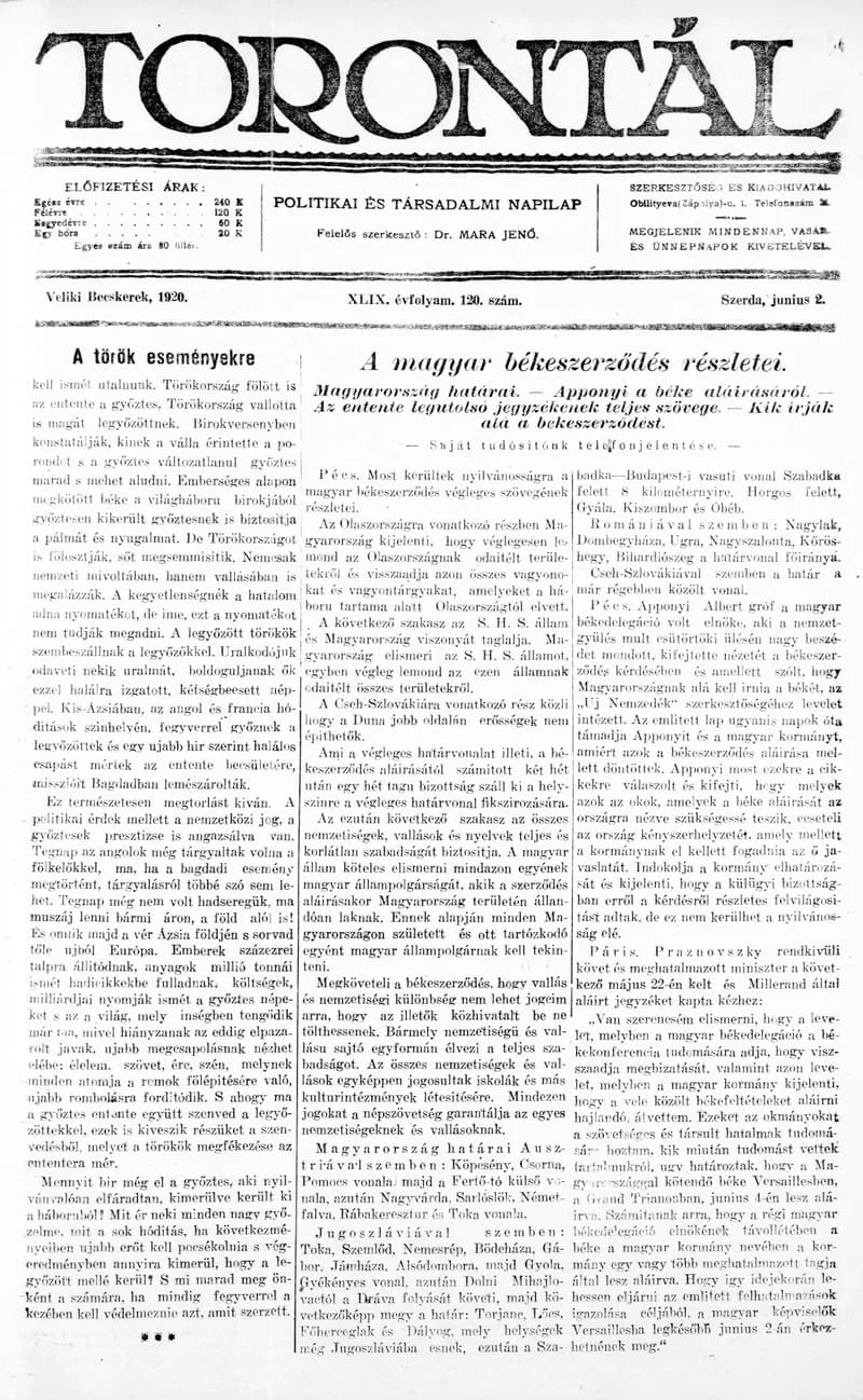 Torontál, 49. évf. 1920. június 2. 120. sz.